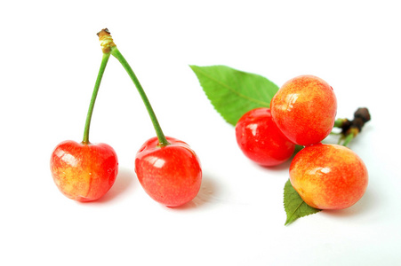 在白色背景上的红色樱桃水果