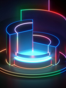 3d 渲染, 现代抽象几何背景, 简约空展示, 闪耀霓虹灯, 原始建筑造型