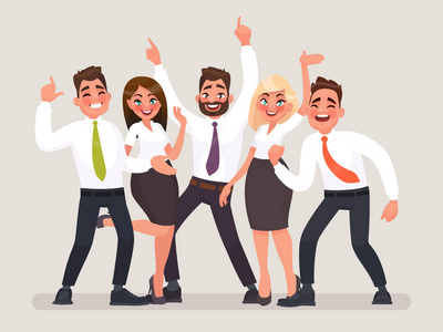 成功的业务团队。一群快乐的办公室工人庆祝胜利。举手的人