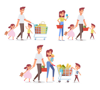 快乐的家庭购物父母与快乐的孩子。大减价采购货物和礼品。平面矢量插画, 卡通设计