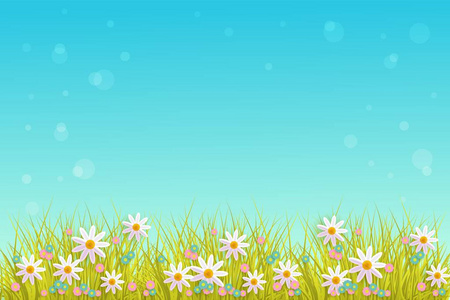 春天的草和花边框在蓝天背景上, 文本空白