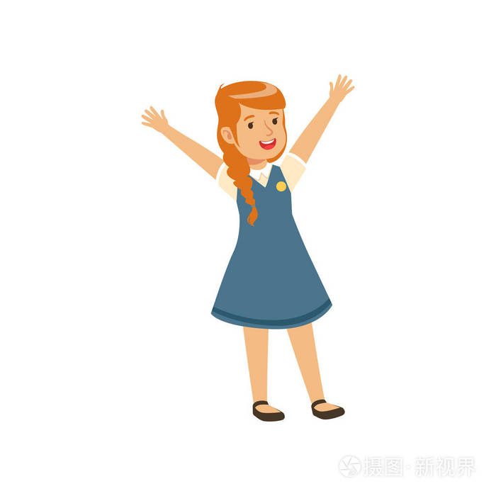微笑的女孩字符在学校制服站立与上升的手矢量例证