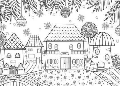 着色书的冬天季节家为成人和孩子。矢量插图。涂鸦风格。handdrawn