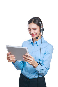 女客户服务工作者，呼叫中心微笑着运营商与手机耳机