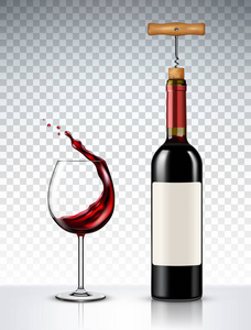 红葡萄酒瓶和玻璃透明背景