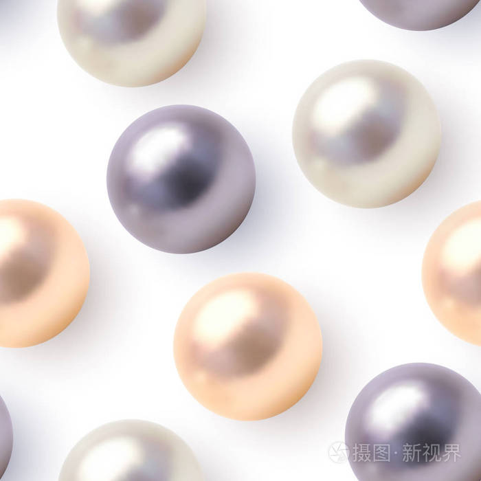 在白色背景下与逼真的珍珠分离的无缝图案