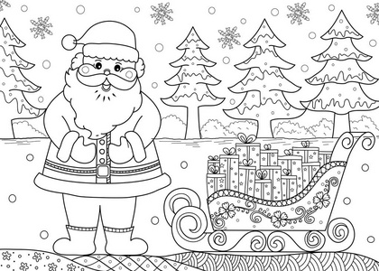 圣诞老人与礼物在着色书为成人和孩子。涂鸦风格。矢量插图。handdrawn
