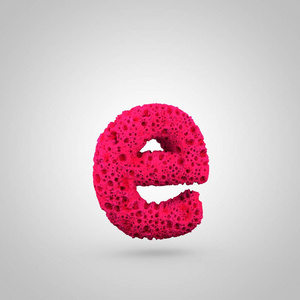 海绵字母 E 小写。3d 白色背景下粉红色海绵字体的渲染