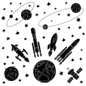 太空飞船从地球飞向其他行星。这幅画是黑色的。行星和卫星, 火箭飞向太空。矢量插图