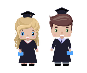 男孩和女孩毕业时的帽子和长袍, 文凭, 微笑。卡通风格