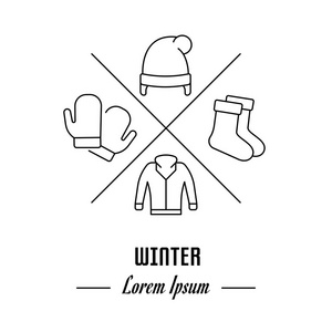矢量徽标冬季。时髦徽章, 标签或横幅为冬天。带有元素的行符号。品牌理念