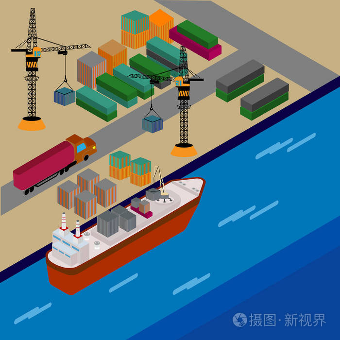 港口停泊集装箱船插画-正版商用图片04e78v-摄图新视界