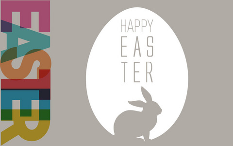在灰色背景下将复活节字体与最小的鸡蛋和兔子相乘。矢量插图。Eps 10