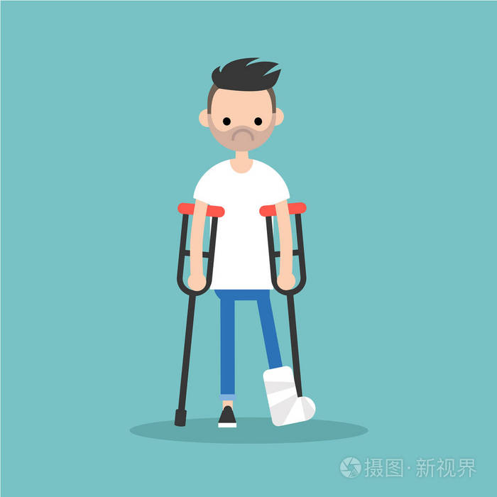 残疾的大胡子男人拄着拐杖与断腿 / 编辑 vect