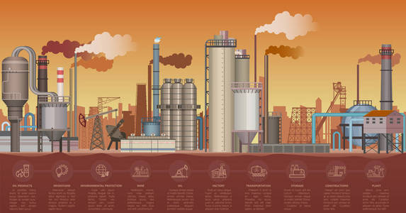 重工厂房景观。带有图表图标元素的矢量插图。工厂污染环境中的吸烟管道
