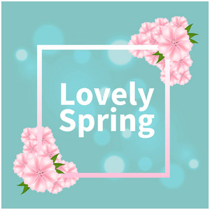 可爱的春天粉红色的花广场蓝色背景矢量图像