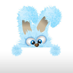 蓝色的复活节兔子在看着外面。毛茸茸的兔子带 copyspace 或文本的矢量插图