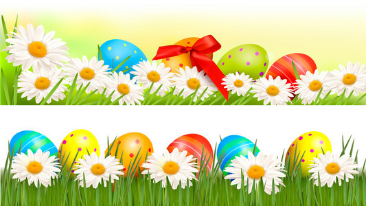 两个复活节边框与复活节彩蛋和春天的花朵矢量