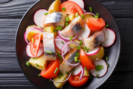 有机蔬菜沙拉与熏鲭鱼和油特写