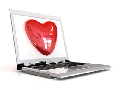 笔记本电脑  红色的心 3d 互联网概念