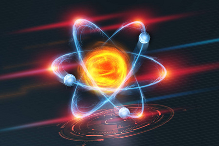 在技术背景下被电子包围的原子的原子核照片