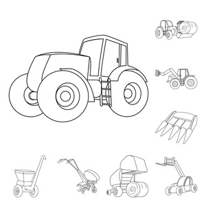 农业机械轮廓图标集合中的设计。设备和设备矢量符号库存 web 插图