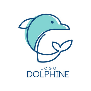dolphine 标志设计, 抽象徽章与海豚在蓝色颜色媒介例证在白色背景上