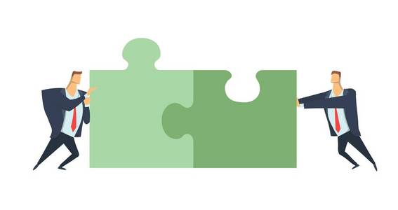 两个商人推的拼图碎片.这一概念的联合问题解决 团队精神 合作.