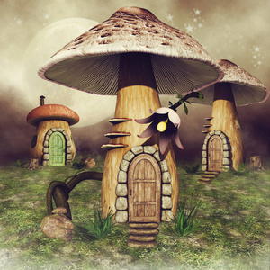 三五颜六色的蘑菇童话房子在一个绿色草甸与花。3d 渲染