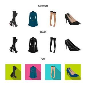女装高靴, 纽扣, 丝袜, 带花纹的橡皮筋, 高跟鞋。女装套装集合图标卡通, 黑色, 平面矢量符号股票插画网站