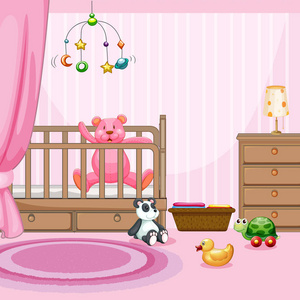 卧室场景与粉红色 teddybear 在 babycot