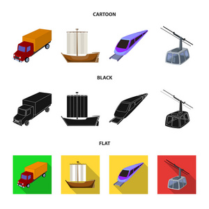 卡车, 船, 地铁, 缆车模式的运输。传输集集合图标在卡通, 黑色, 平面式矢量符号股票插画网站