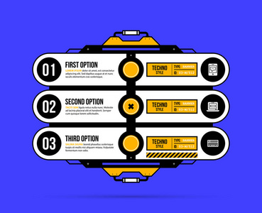三在深蓝色背景下几何工业技术风格的高科技元素的选项模板