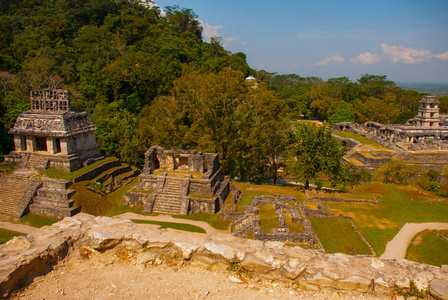 考古建筑群中古代金字塔和寺庙的最高视图。帕伦克, 恰帕斯, 墨西哥