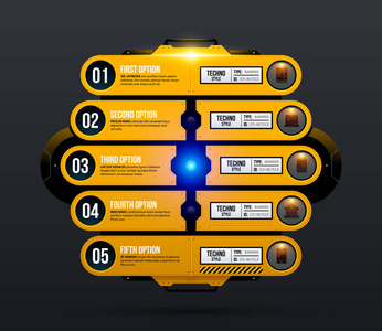 五在暗灰色背景下的黄色工业技术风格发光灯选项模板