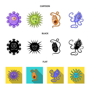 不同类型的微生物和病毒。病毒和细菌集合图标在卡通, 黑色, 平面式矢量符号股票插画网站