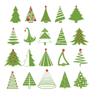 在白色背景上的红色和绿色颜色的圣诞树的矢量插图集。平面样式
