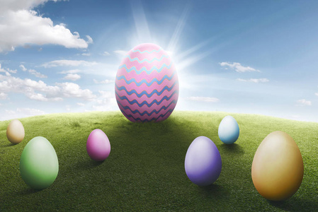 五颜六色的复活节彩蛋在草甸与阳光背景