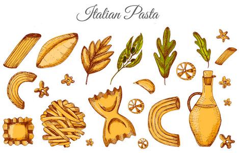 矢量素描意大利面条, 用手画的意大利面, 橄榄油和树叶。菜单模板