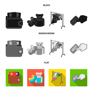 钱包与信用卡和其他网页图标黑色, 平, 单色风格。礼品销售的东西, 按钮更多的图标集集合