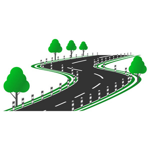 矢量图像的弯曲道路图片与路边, 树木和柱子沿道路.平面图案照片