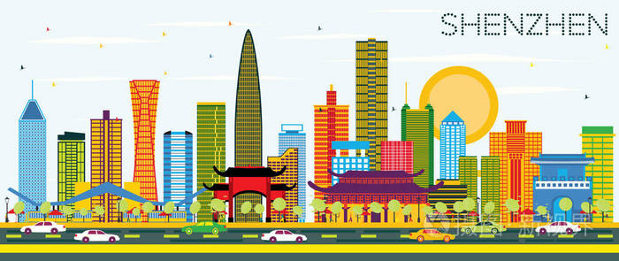 深圳中国城市天际线与彩色建筑和蓝天