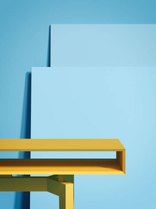 黄色的空桌子和两个蓝色的镜框。3d 渲染