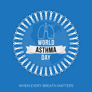 世界哮喘日海报与 ounline 肺在人圈子在蓝色背景