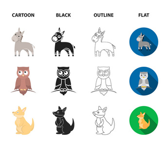 驴, 猫头鹰, 袋鼠, 鲨鱼。动物集合图标在卡通, 黑色, 轮廓, 平面风格矢量符号股票插画网站