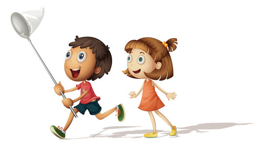 捕捉网白色背景隔离男孩捕蝴蝶孩子们想要抓到一只蝴蝶捉蝴蝶卡通女孩