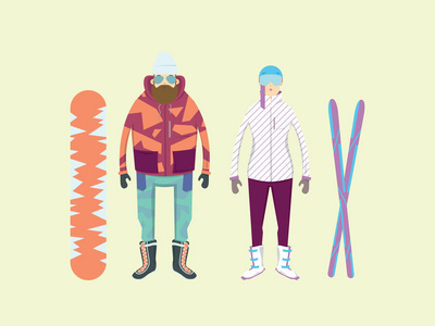 极端冬季运动和冒险在山上。男人和女人用滑雪板和滑雪板