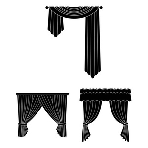 不同类型的窗帘在集合中的黑色图标设计。窗帘和 lambrequins 矢量符号股票网页插图