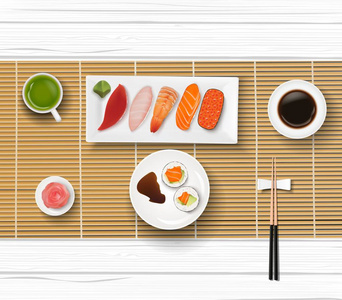 寿司日粮在木桌背景下的矢量插画