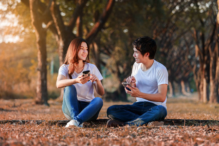 夫妇在公园里使用手机和交谈
